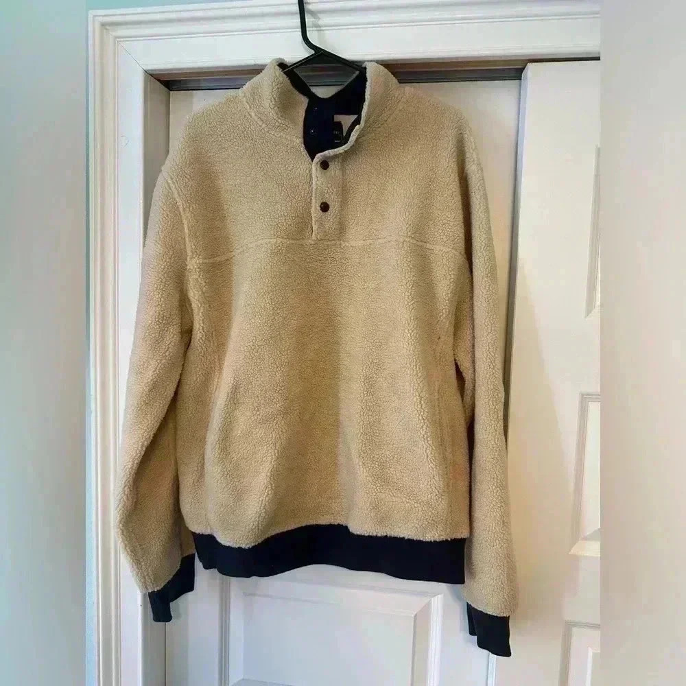 J. Crew Men’s Sherpa Fleece 1/4 Button Down Snap Shirt Jacket Beige Size Large